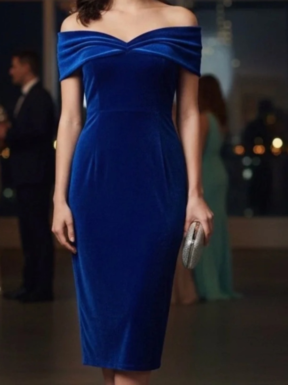 Royal blue velvet off-the-shoulder dress
